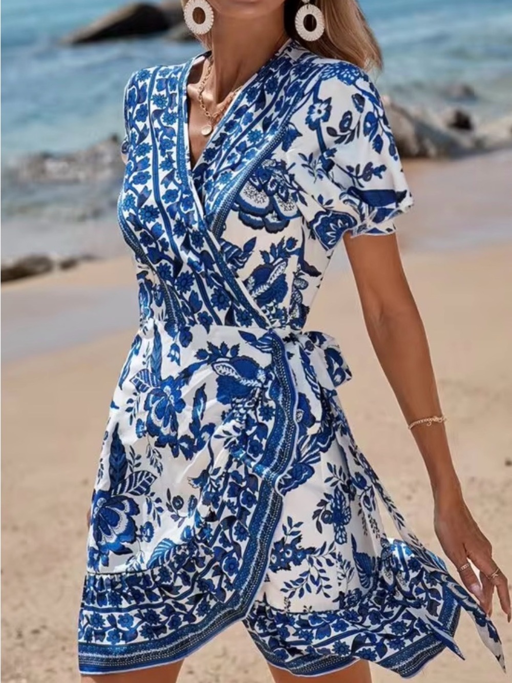 SHEIN Blue and White Floral Wrap Tie Dress